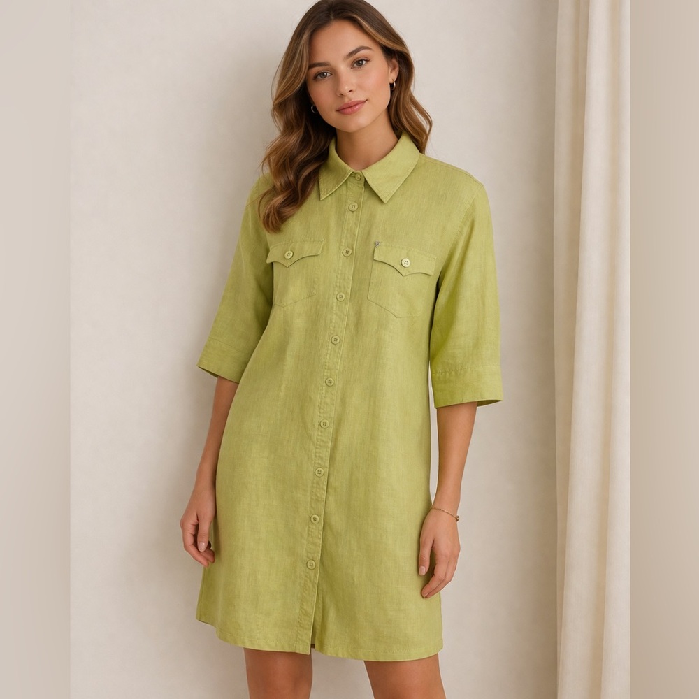 New ManLinen Button-Front Shirt Dress in chartreuse